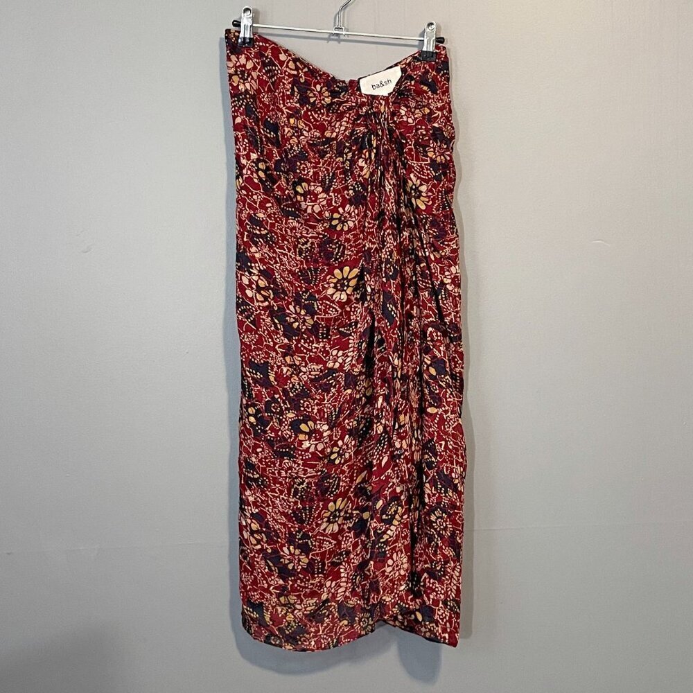 New Ba&sh Galia Knot Front Floral Midi Skirt Burgundy Medium $270